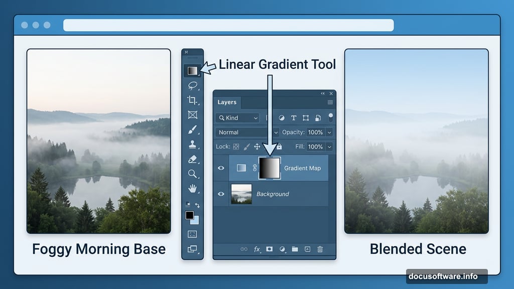 Foggy morning base layer blended using Photoshop linear gradient mask