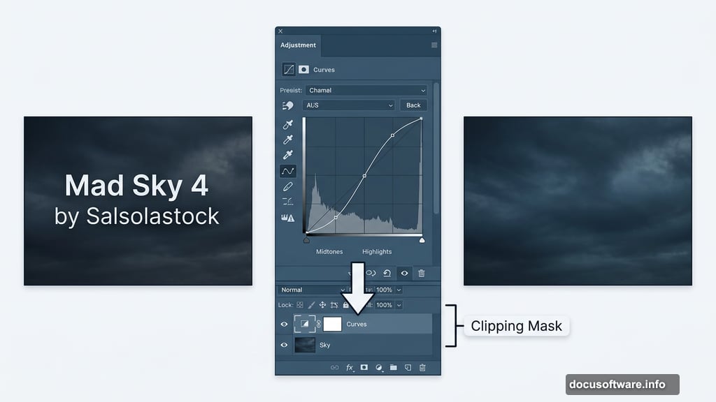 Curves adjustment layer clipped to Mad Sky 4 deepens moonlight atmosphere