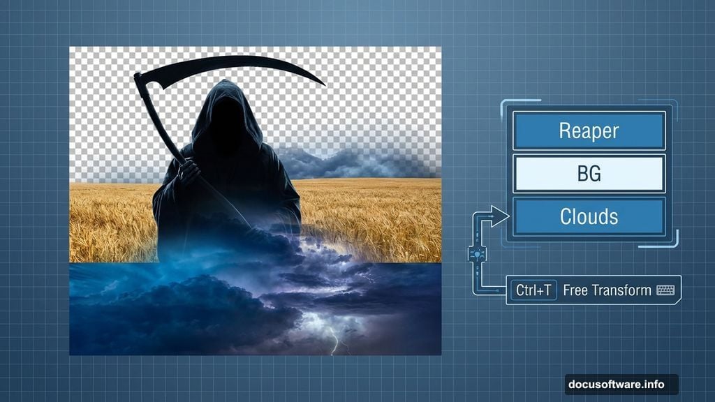 Photo compositing stacks multiple images creating chilling Grim Reaper scene