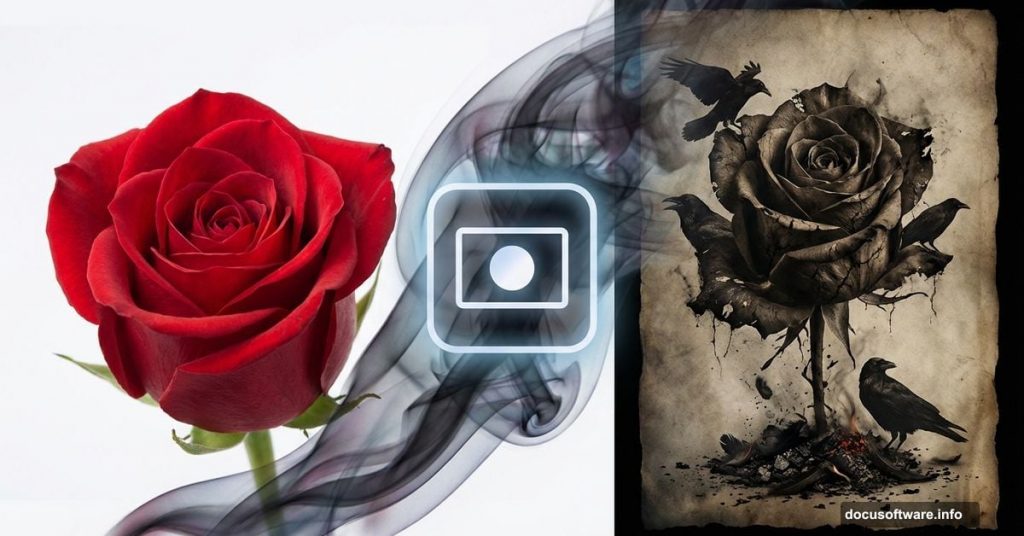 Rose transforming into gothic art with ravens through photo manipulation