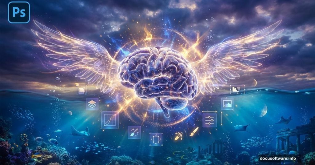 Surreal floating brain with wings demonstrating Photoshop photo manipulation techniques