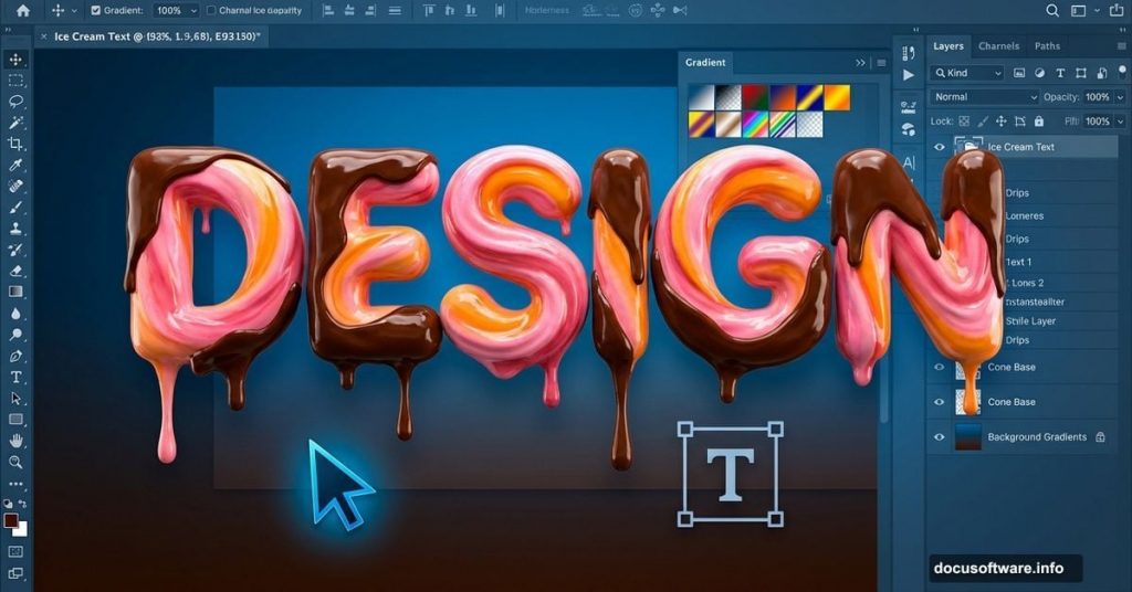 Ice cream typography with Photoshop interface and design tools