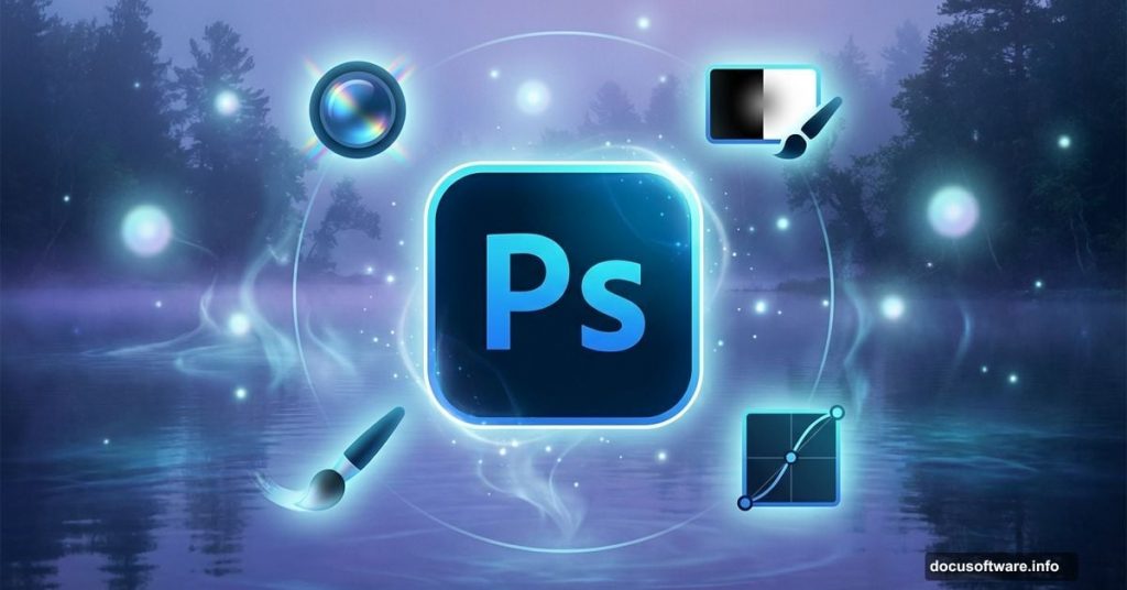 Adobe Photoshop logo centered over mystical fantasy lake with editing tools