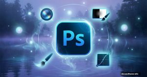 Adobe Photoshop logo centered over mystical fantasy lake with editing tools