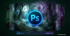 Adobe Photoshop logo with mystical forest photo composite emerging behind
