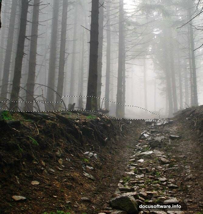 Polygonal Lasso Tool selects stairs for seamless forest integration