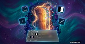 Magical butterfly door scene with Photoshop interface layers panel