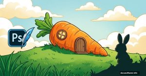 Orange carrot house on hill with Adobe Photoshop logo and bunny