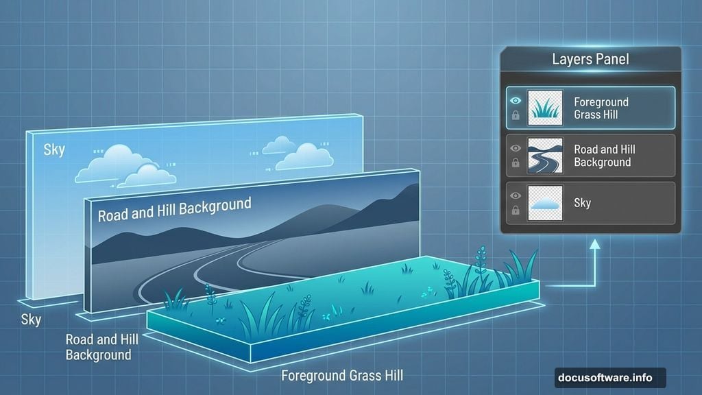 Layer structure positions sky beneath hill and background elements