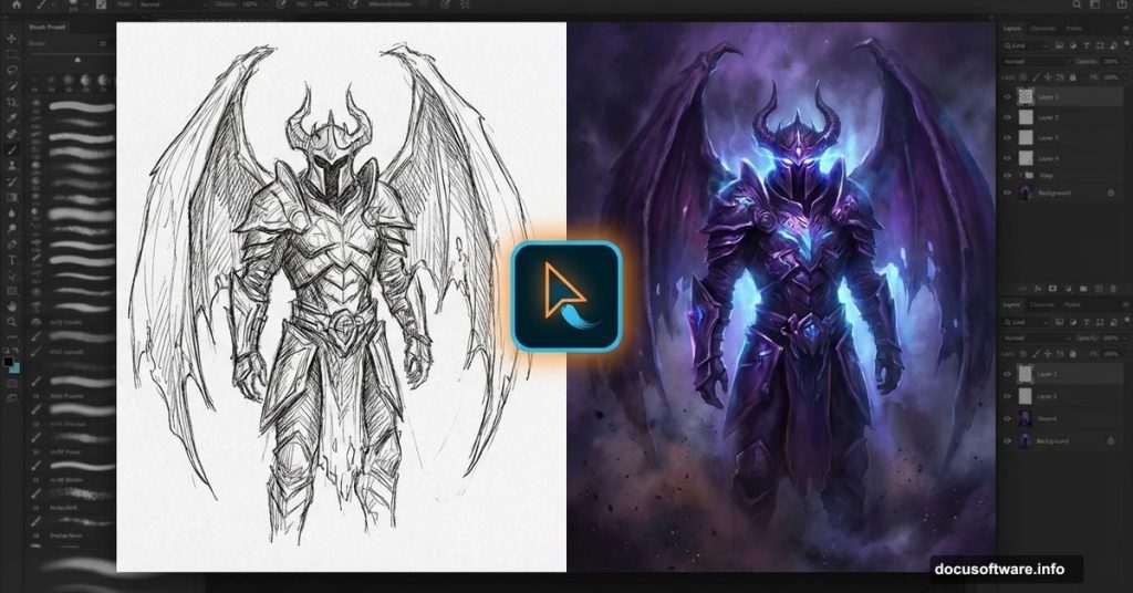 Simple sketch transforms into dark fantasy digital painting in Photoshop