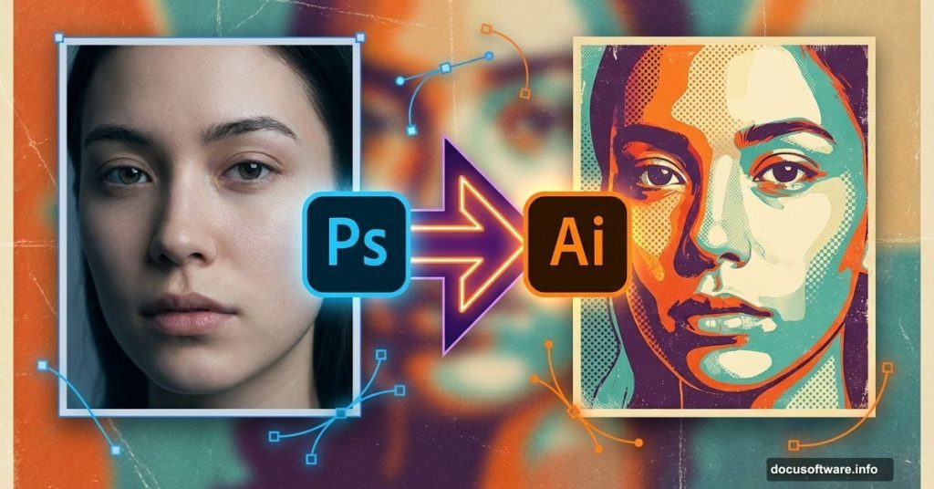 Photo transforming into retro poster art using Photoshop and Illustrator