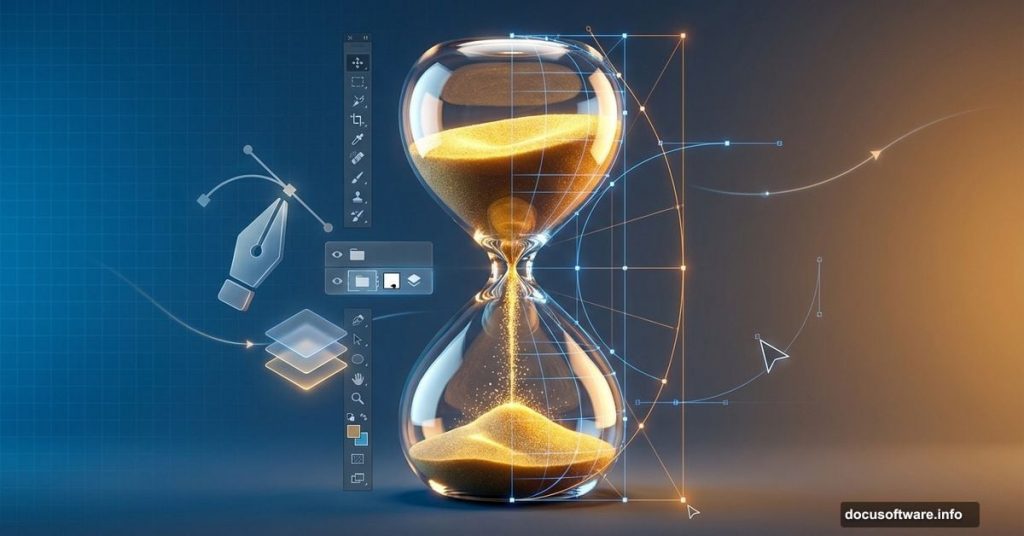 Realistic 3D hourglass with Photoshop tools and construction elements