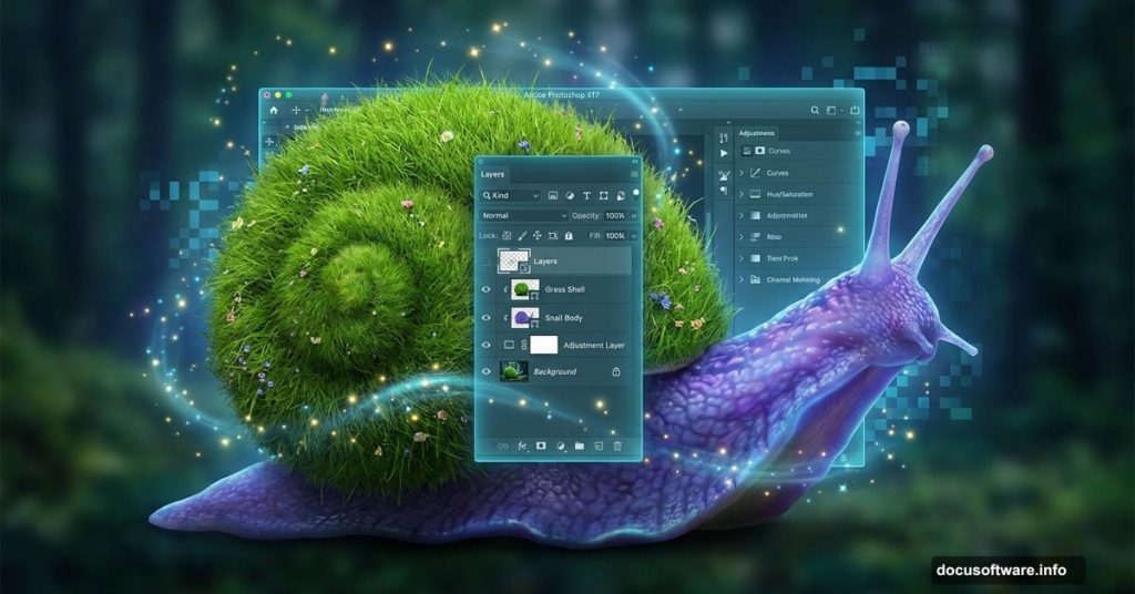 Giant snail with grass shell merged with Photoshop interface elements