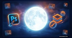 Photoshop logo with glowing moon and adjustment layer tools