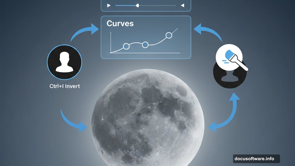 Levels and Curves adjustment layers with mask for moon brightness