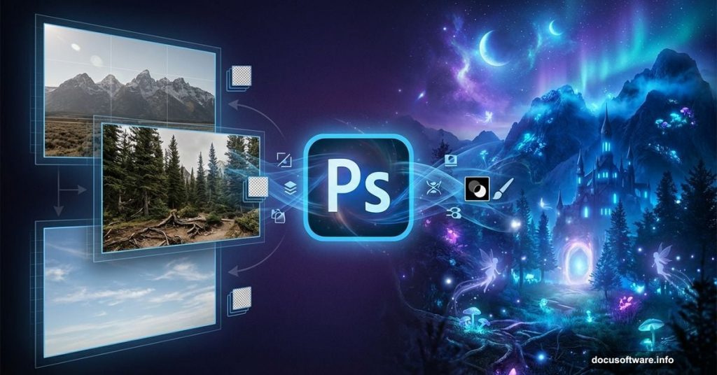 Photoshop logo with landscape layers transforming into blended fairy scene