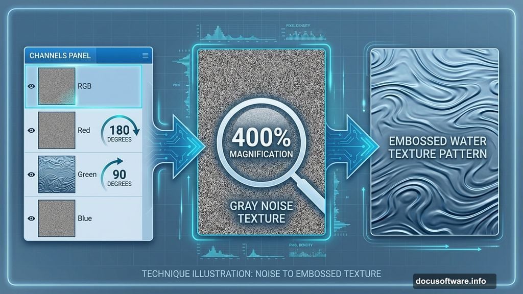 Custom water texture using noise, emboss filter, and channel manipulation