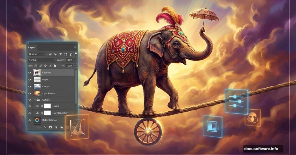 Circus elephant on tightrope with Photoshop interface elements overlay
