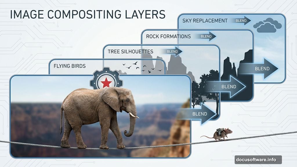 Surreal circus scene with elephant balancing on tightrope and rat