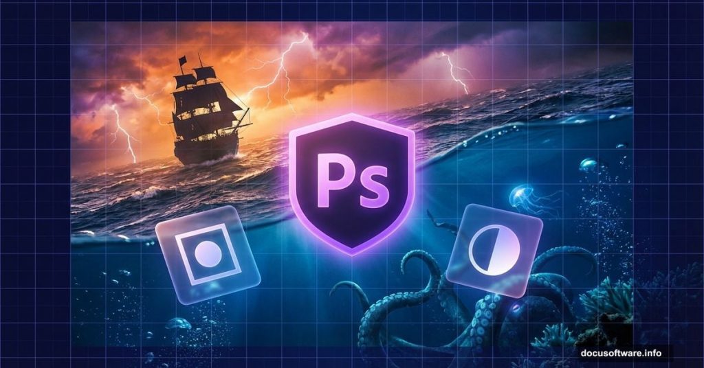 Photoshop logo centered between epic pirate sea battle scenes