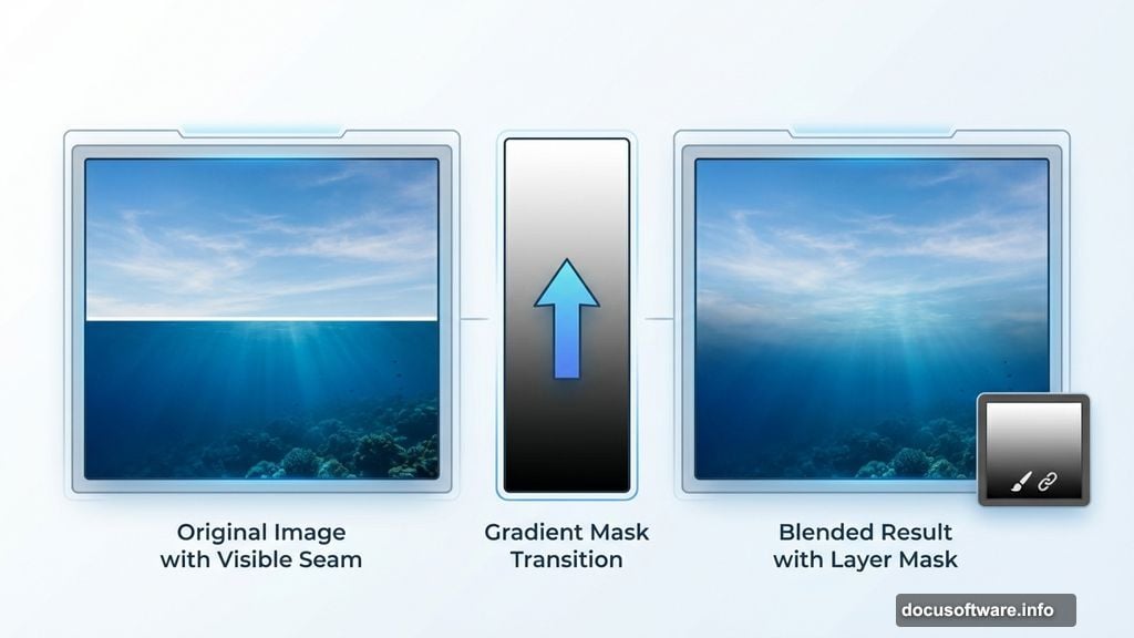 Gradient mask creates smooth transition between above and below water