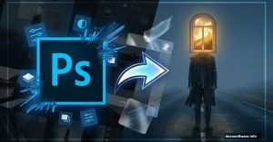 Photoshop logo transforming into haunting surreal photo manipulation scene