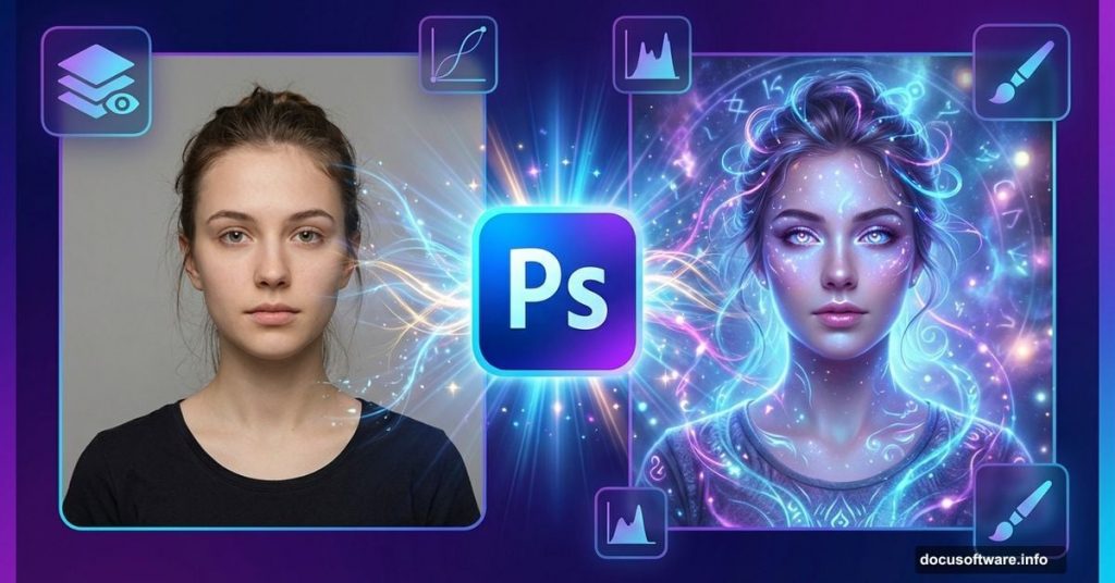 Portrait photo transformation from ordinary to mystical using Photoshop magic