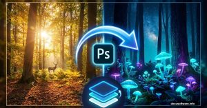 Split screen showing forest transformation from daylight to glowing night mushrooms