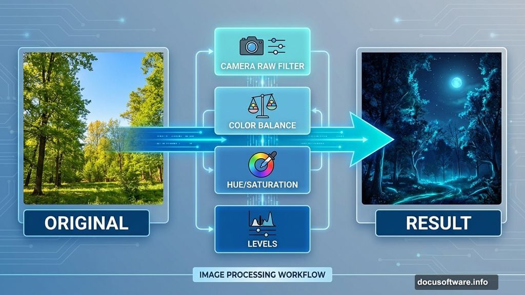 Building atmosphere gradually through multiple Photoshop adjustment layers