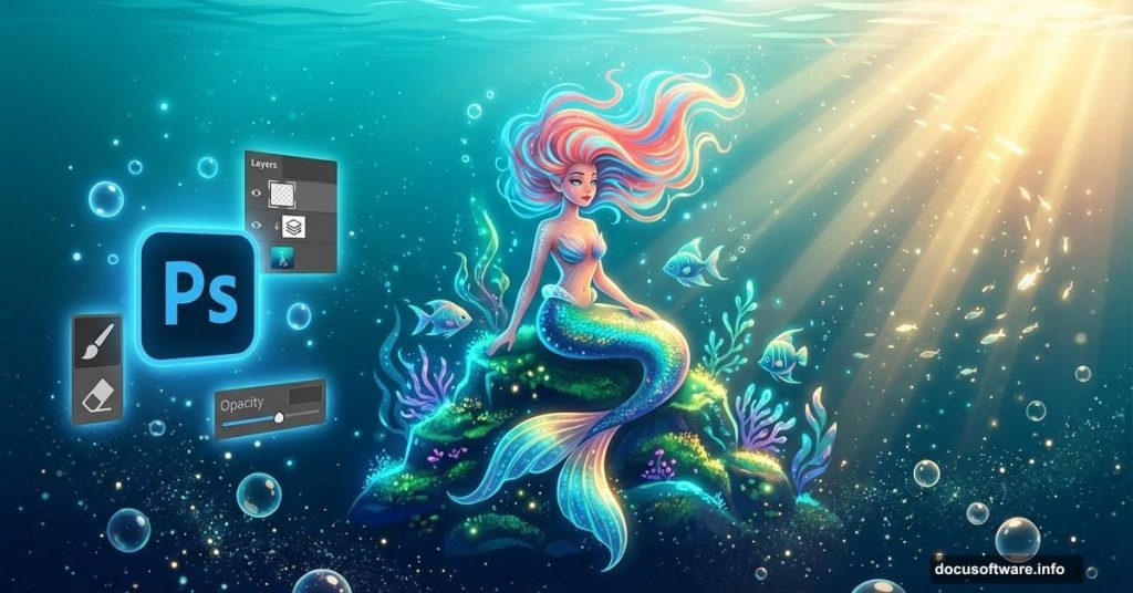 Mermaid in underwater scene with Photoshop tools and effects