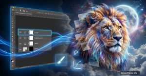 Split view showing Photoshop interface and dramatic King Lion photo manipulation result