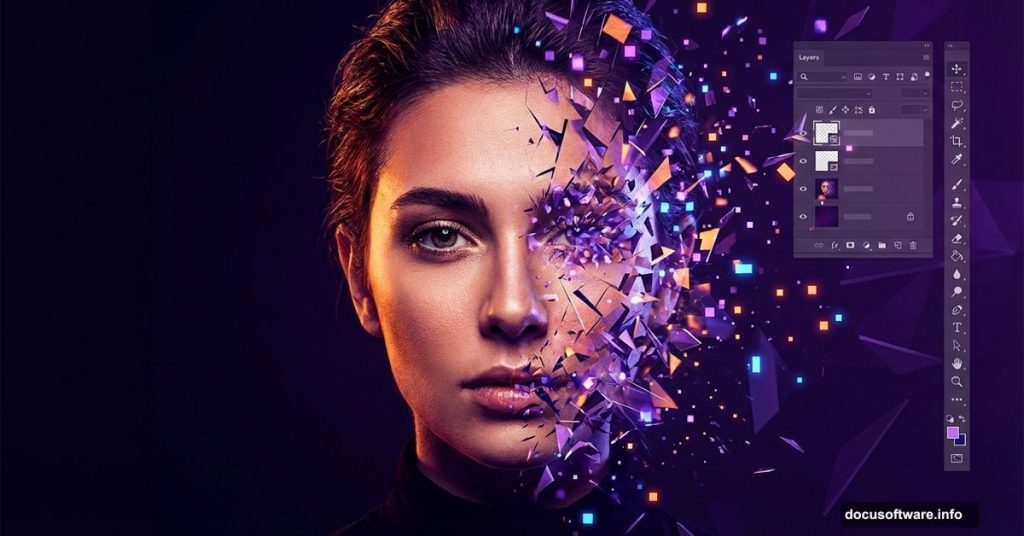 Portrait photo transforming into abstract disintegration effect in Photoshop