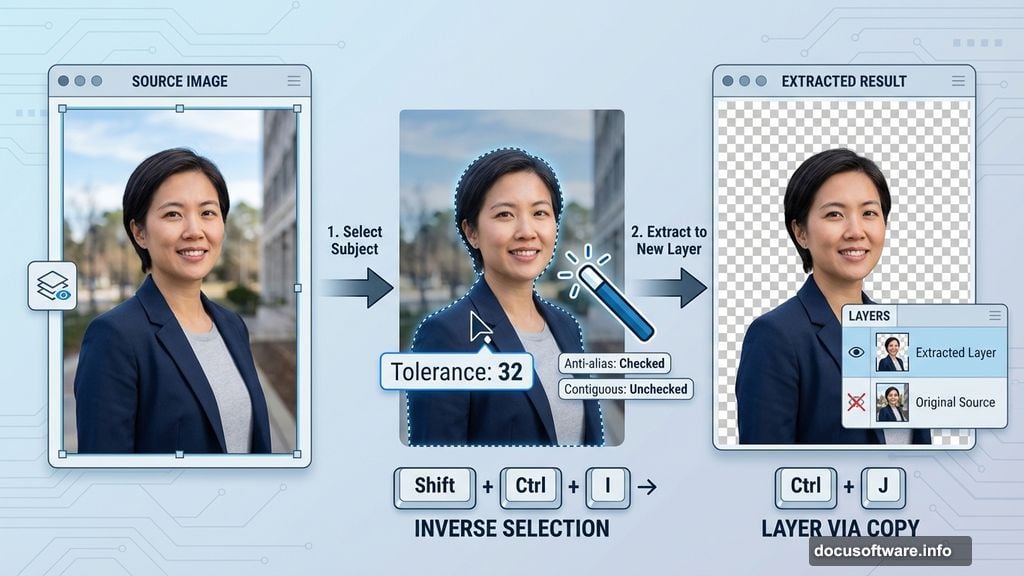 Non-destructive workflow extracts portrait subject using Magic Wand tool