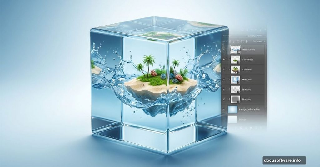 Transparent water cube containing floating island with Photoshop interface overlay