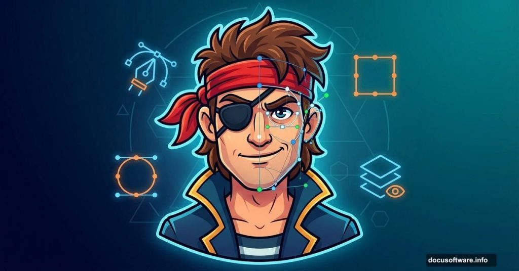 Cartoon pirate character surrounded by Photoshop design tool icons