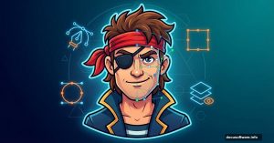 Cartoon pirate character surrounded by Photoshop design tool icons