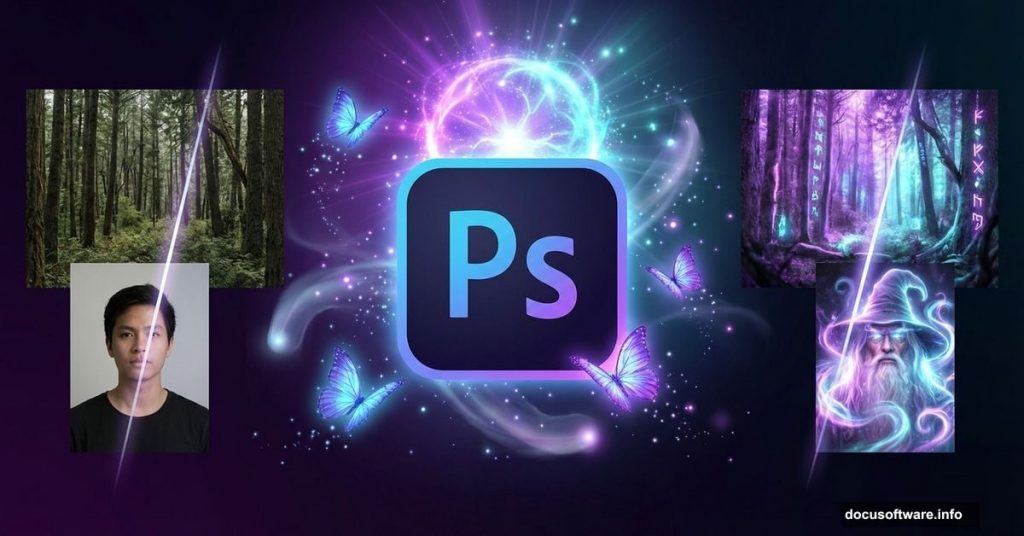 Photoshop logo with magical effects showing fantasy photo manipulation transformation