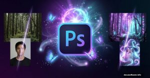 Photoshop logo with magical effects showing fantasy photo manipulation transformation