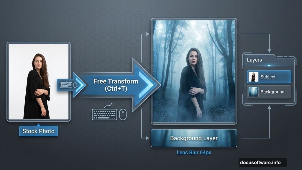 Blend stock photos seamlessly into misty forest background layers