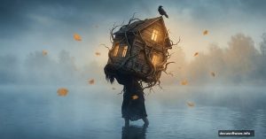 Surreal photo manipulation showing woman carrying house on back in misty lake