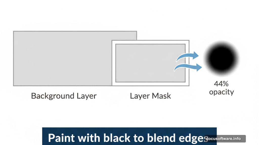 Layer mask blending with soft brush at 44% opacity