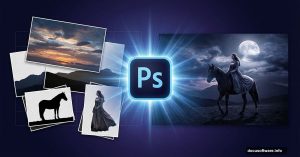 Split screen showing stock photos transforming into medieval night rider scene