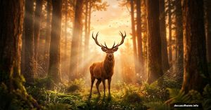 Majestic deer glowing in a magical golden-hour forest scene