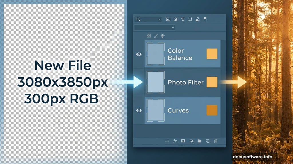 Photoshop adjustment layers creating golden-hour forest glow with warm tones