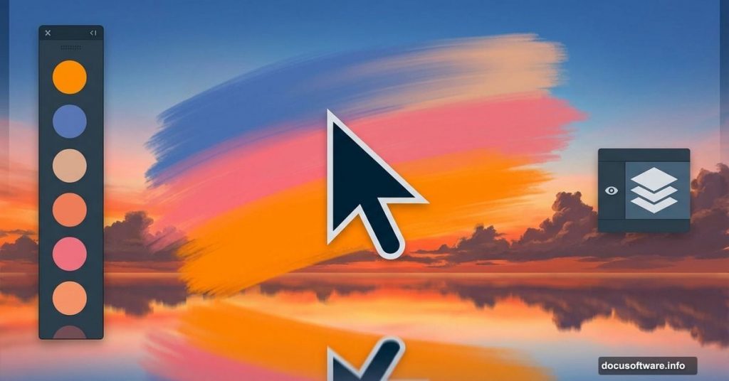 Photoshop brush cursor painting colorful sunset scene with color palette