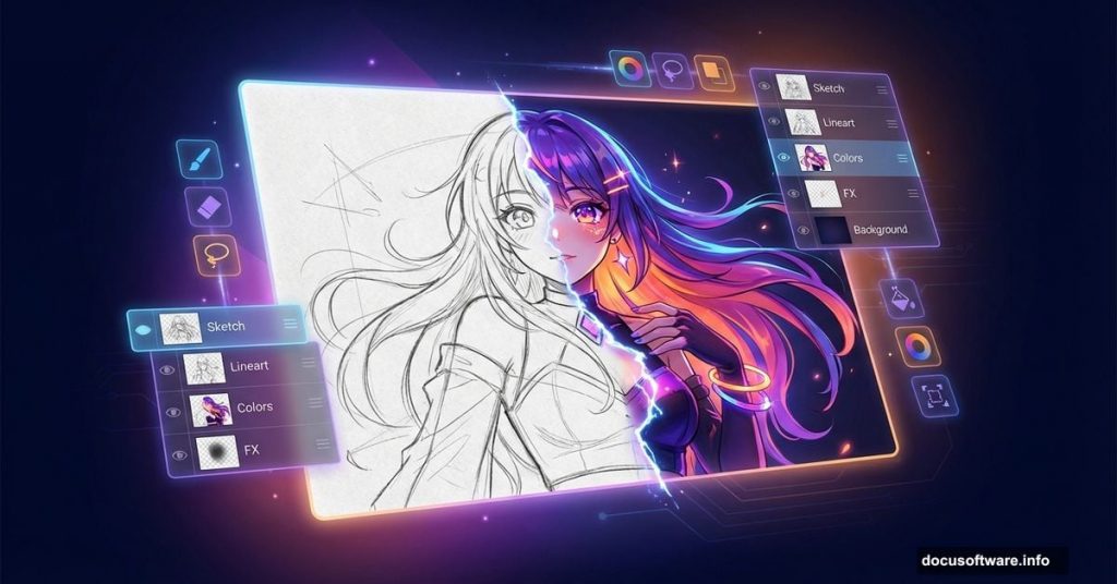 Anime character painting in Photoshop with layers and digital tools