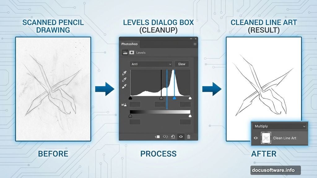 Scanning pencil outline and cleaning it up using Photoshop Levels