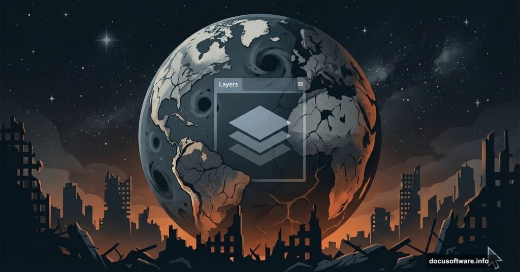 Damaged planet Earth with ruined cityscape and Photoshop interface elements