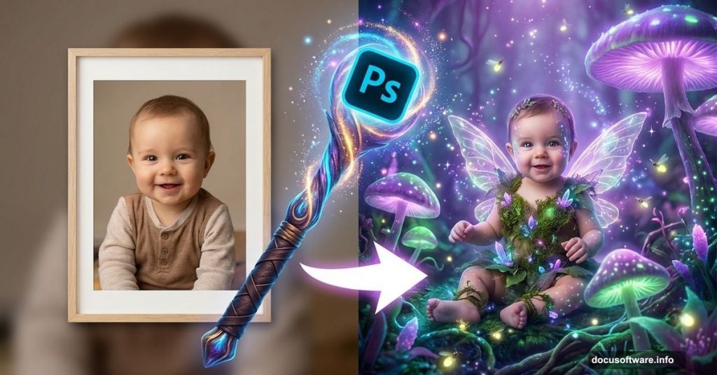 Baby portrait transforming into fairy tale character using Photoshop magic