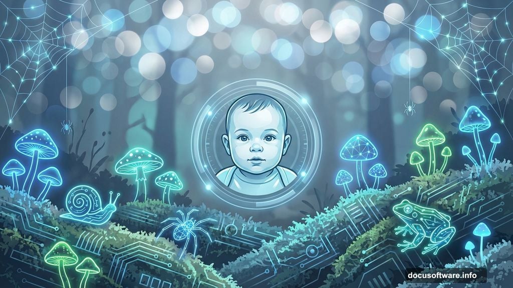 Composite layering with portrait, mushrooms, insects, and bokeh lighting effects